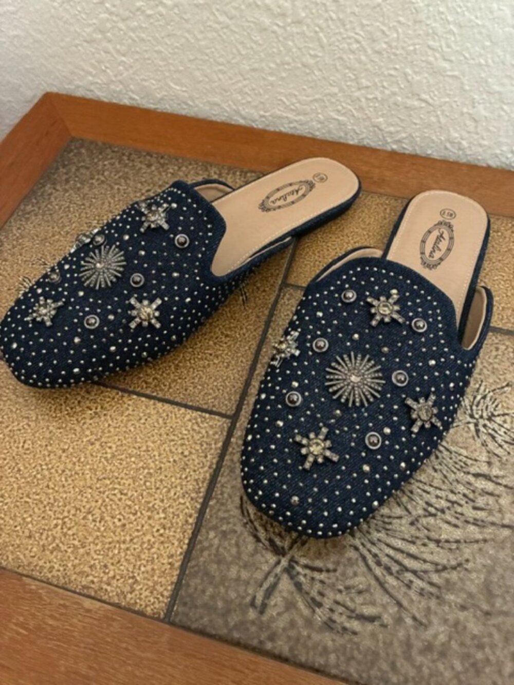Brand New Atalina Rhinestone Navy Blue Mules - Picture 2 of 4